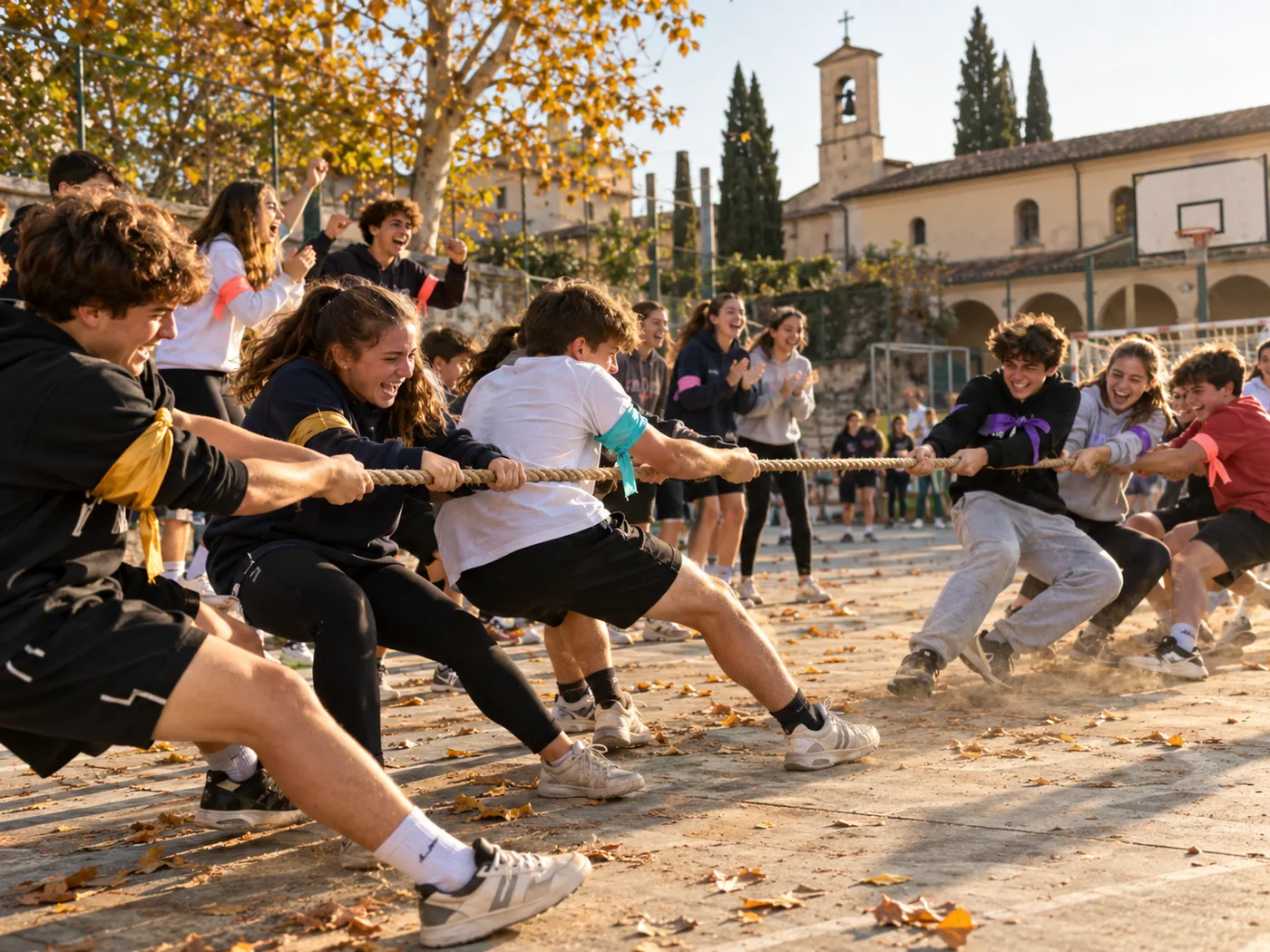 Sfida di tiro alla fune tra ragazzi nel cortile della parrocchia