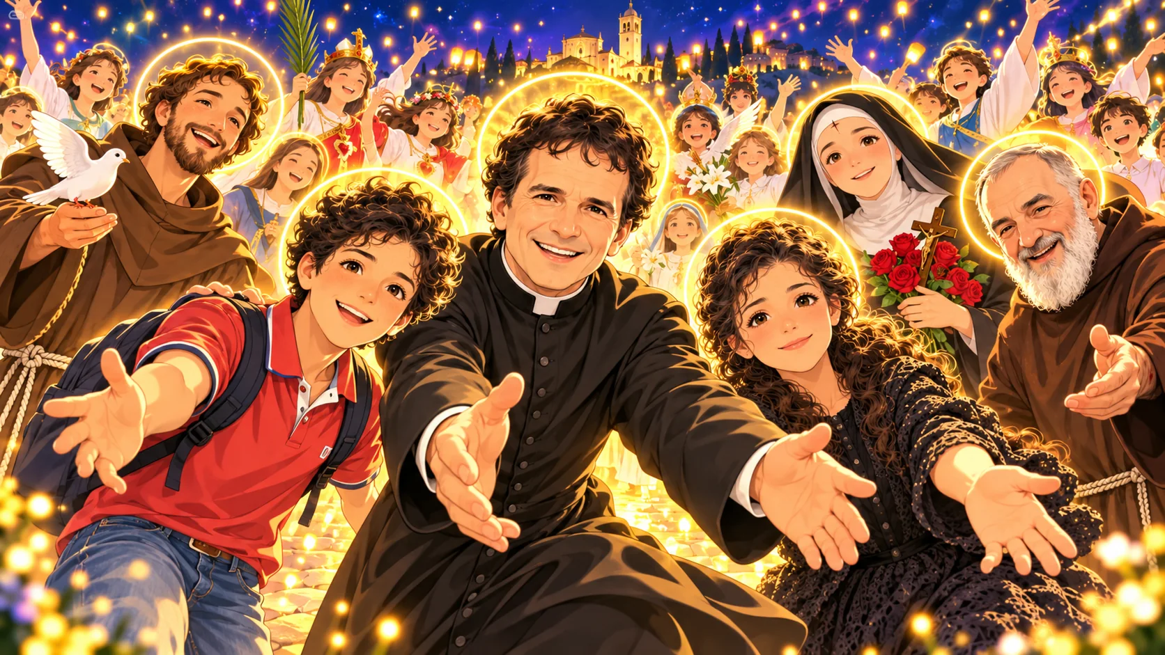 San Giovanni Bosco, San Carlo Acutis, San Francesco, Santa Rita, Padre Pio e tanti ragazzi in festa sotto le stelle