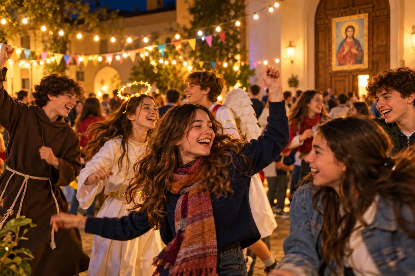 Ragazzi e ragazze in festa nel cortile dell'oratorio, sotto le lucine, la sera del 31 ottobre